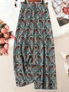 Linhara 大码女士度假风腰部抽绳系带腰果印花阔腿裤 - 彩色 - 查看 1