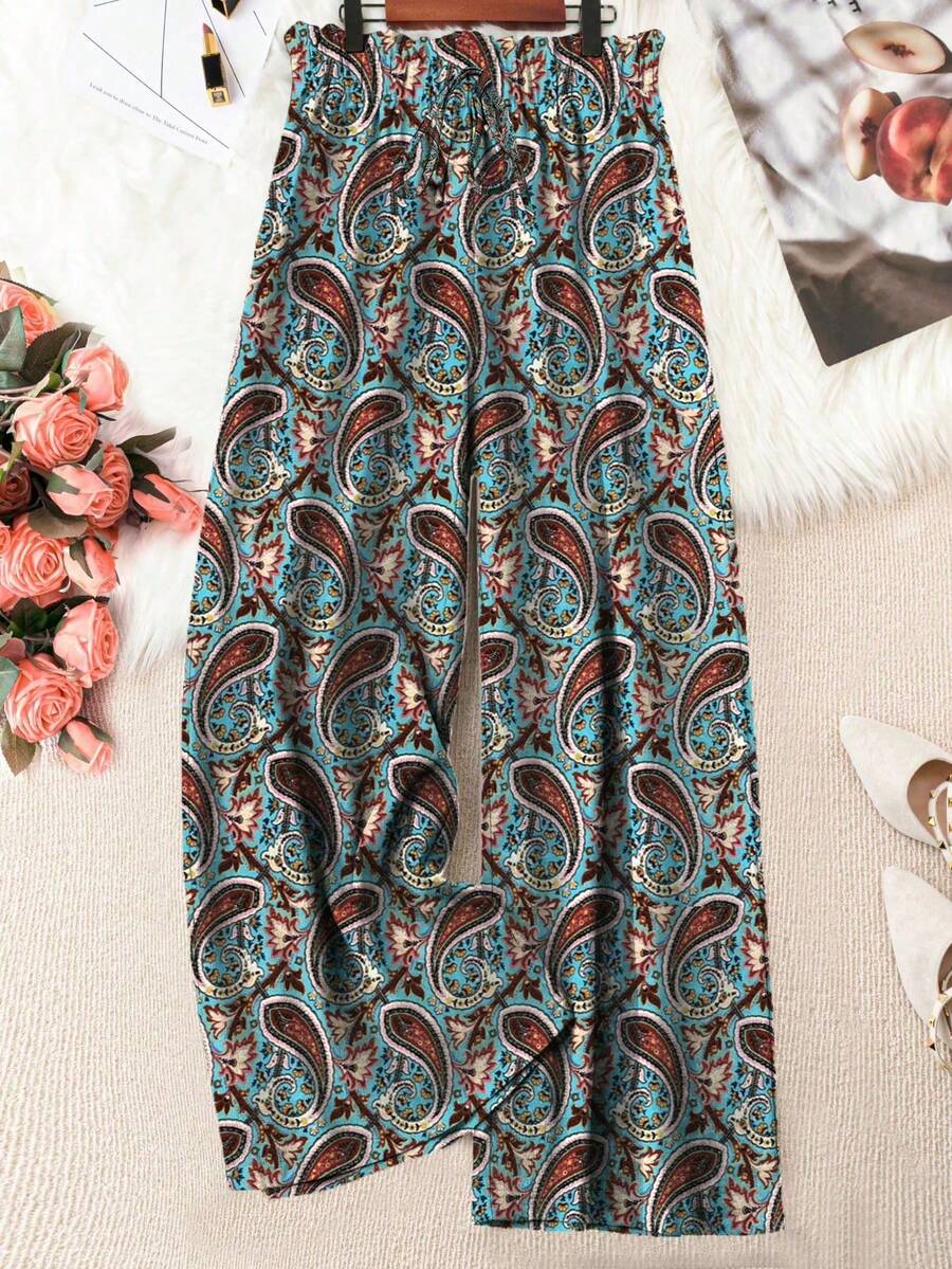 Linhara 大码女士度假风腰部抽绳系带腰果印花阔腿裤 - 彩色 - 查看 1