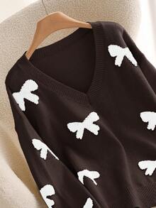 CosyJoli Suéter casual de talla grande con cuello en V y estampado de mariposa, otoño/invierno - Café integral - Ver 3