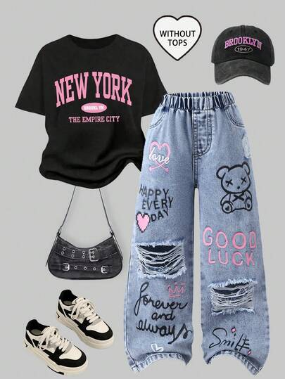 SHEIN ChillGRL 女童休闲可爱牛仔裤，彩色字母和小熊印花，复古做旧浅色水洗，宽松直筒版型，柔软舒适面料，街头时尚，女童牛仔