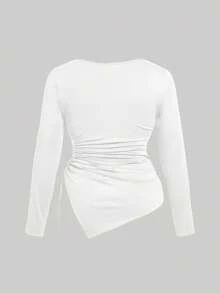 SHEIN MOD Áo thun dài tay cổ chéo, dáng rộng, vạt không đối xứng, dây rút, thoải mái, cỡ lớn. - trắng - Xem 2