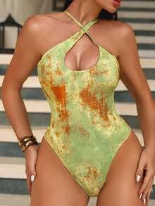 Swim SXY 女士不对称交叉镂空性感优雅度假简约圣诞连体泳衣，随机印花，春夏款 - 彩色 - 查看 4