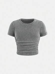 SHEIN Conjunto de camiseta de cuello redondo de manga corta ajustada y pantalones holgados de pierna ancha de punto para niña preadolescente - Gris - Ver 3