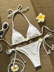 Swim Mod Bộ bikini nữ màu trơn buộc cổ yếm, họa tiết hoa, thích hợp cho mùa xuân/hè. - Màu be - Xem 3