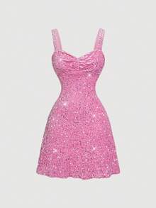 SHEIN MOD 女士亮片装饰时尚吊带迷你连衣裙，粉色 - 粉色 - 查看 2