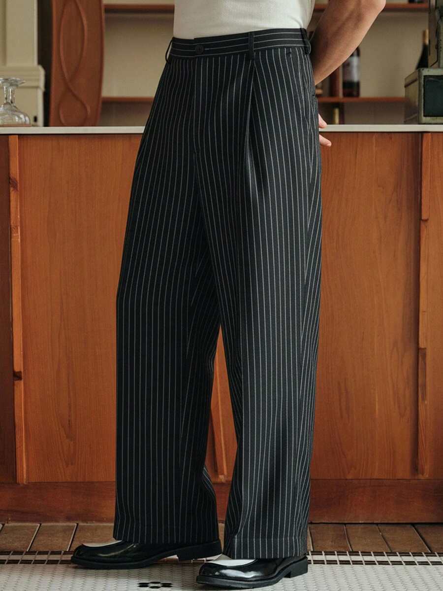 SWAVVY Men's Business Casual Striped Print Pleated Wide Leg Suit Pants - Black and White - View 1
