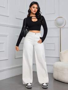 SHEIN ICON 女士高腰带口袋阔腿宽松休闲百搭牛仔裤 - 杏色 - 查看 5