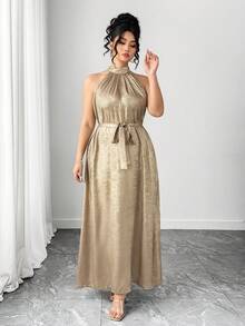 SHEIN Tall CURVE Đầm dáng ôm kiểu Trung Đông thanh lịch, chất liệu vải kim loại, thắt eo, cổ yếm, xẻ tà bên, cỡ lớn, phù hợp cho các buổi đi chơi, tiệc tùng và tụ họp. - Vàng - Xem 6