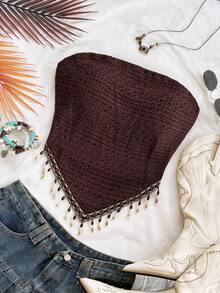 Soleia Women's Vacation Knit Tube Top With Retro Print, Beaded Chain Accent, Suitable For Party, Christmas, Date Night, Nightclub, Beach, Cruise, Afternoon Tea, Bohemian, Boho, Vacation, Fall - Brown - View 5