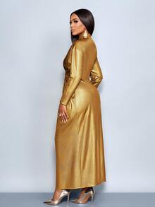 SOLERSUN Váy dự tiệc thu/đông cho nữ, vải dệt kim bóng, kim sa vàng, cổ cao, cổ đứng, tay áo trễ vai, tay dài, nút kim loại, trang trí, xếp nếp, khóa kéo sau, viền rộng, váy maxi - Vàng - Xem 2