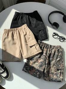 SHEIN 3pcs/Set Kids/Tween Boys' Casual Versatile Comfortable Camo & Solid Color Patch Pocket Loose Woven Shorts, Suitable For School, Garden, Beach, Birthday, Spring/Summer/Fall/Winter - Multicolor - View 3