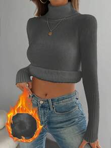 Franclia 时尚百搭高领厚款无缝修身长袖针织毛衣，百搭秋冬 - 深灰色 - 查看 8