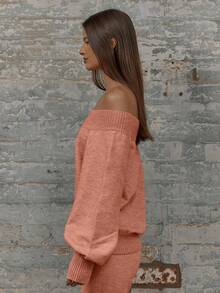 MUSERA 超大款不对称肩部灯笼袖宽松慵懒罗纹针织毛衣，优雅舒适，性感可爱，适合夜晚外出、冬季晚宴、派对等场合，尽显冬日春日风情。 - 粉色 - 查看 2