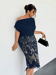 Firerie Đầm midi tay ngắn dáng suông, thoải mái, thanh lịch, kiểu dáng xếp ly bất đối xứng, phối ren, thích hợp cho mùa xuân, thu và đông dành cho nữ, phù hợp cho kỳ nghỉ. - Màu xanh hải quân - Xem 1