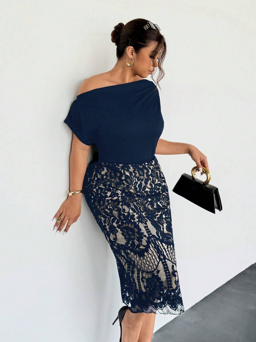 Firerie Đầm midi tay ngắn dáng suông, thoải mái, thanh lịch, kiểu dáng xếp ly bất đối xứng, phối ren, thích hợp cho mùa xuân, thu và đông dành cho nữ, phù hợp cho kỳ nghỉ. - Màu xanh hải quân - Xem 1