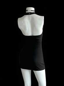 EgrlEra Metal Studded Deep V-Neck Sleeveless Mini Dress For Women - Black - View 2