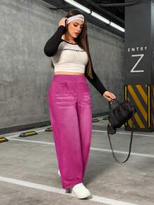 EMERY ROSE Jeans de pierna ancha de novio de punto elástico de talla grande - Rosa Fucsia - Ver 3