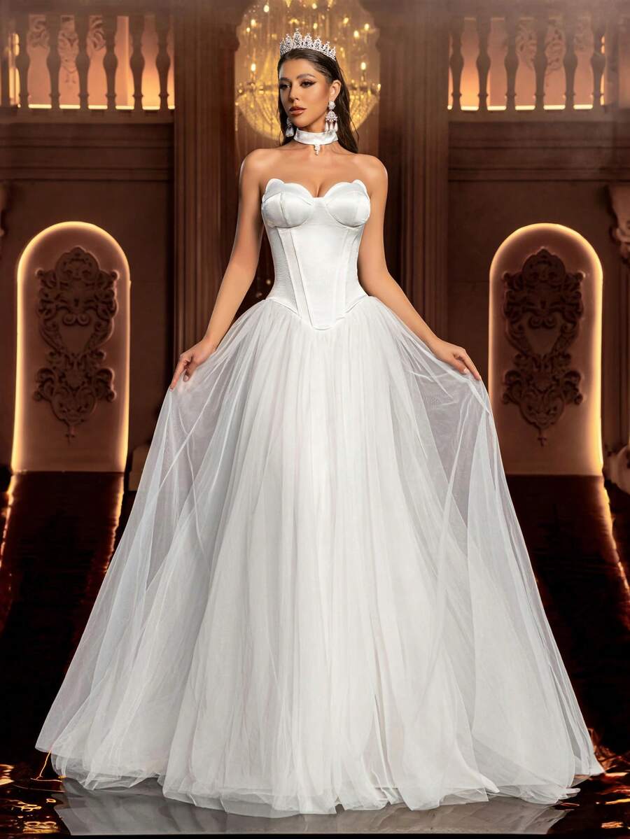 Glamrae Minimalist White Satin Contrast Mesh, Off-Shoulder Petal Ruffle Boned Bodice, Bodycon Hem Mermaid Silhouette Dress, Women's Wedding Gown, Formal Occasion Dress - White - View 1