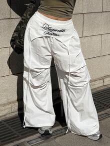 Muchica Pantalones anchos casuales de talla grande para mujer con cintura elástica, estampado de letras y parches, versátiles para vacaciones y viajes - Blanco - Ver 1