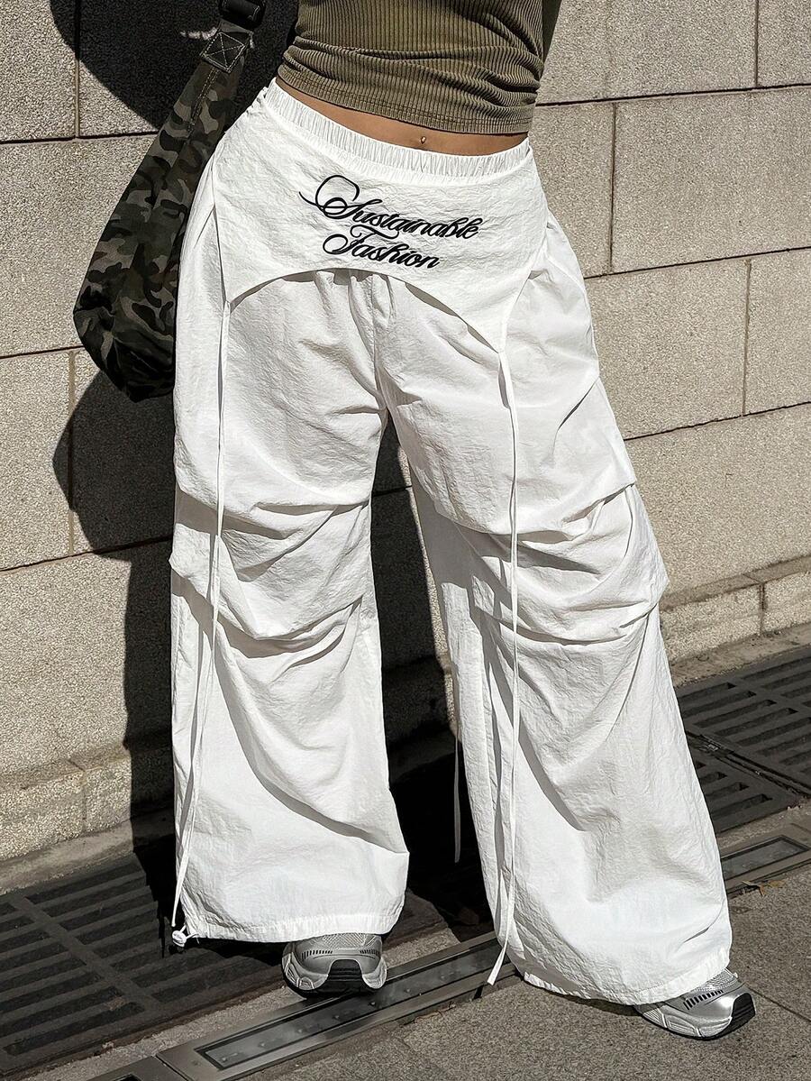 Muchica Pantalones anchos casuales de talla grande para mujer con cintura elástica, estampado de letras y parches, versátiles para vacaciones y viajes - Blanco - Ver 1
