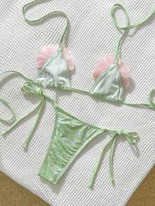 Swim SXY Women's Summer Beach 3D Floral Decor Halter Tie Sexy Bikini Swimsuit Set New Women's Swimwear ArrivalFor School,Suitable For Holiday, Date, Afternoon Tea, Western, Cruise, Beach, Island, Road Trip, All Seasons, Music Festival, Boho Vacation,Bohemian Vacation, Chill Autumn ,Western Boho ,Elegant Tops For Women Sequin Bikini Glitter Bikini Rhinestone Bikini Y2k Bikini - Green - View 2