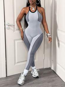 BamGleam Women's Halter Neck Striped Backless Seamless Bodysuit For Daily Wear & Fitness Singlet - Light Grey - View 4