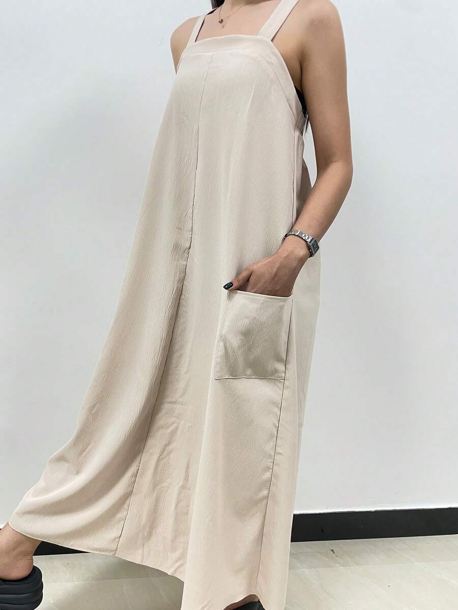 SHEIN LUNE Women's Summer Solid Color Simple And Casual Spaghetti Strap Dress - Khaki - View 1