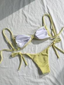 Swim Mod 女士夏季沙滩套装，纯色提花面料吊带性感比基尼套装，饰有贝壳金属装饰 - 黃色 - 查看 2