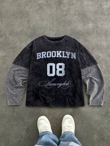 SWAVVY Áo thun nam dài tay cổ tròn, dáng thường ngày, màu đen phối đen, cổ áo bo gân, thích hợp cho mùa xuân/thu. - màu đen - Xem 7