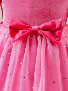 Glamorique Kids Girls' New Velvet Patchwork Star Mesh Red Christmas Dress, Suitable For Autumn/Winter, Quality Fabric, Soft Star Mesh, Velvet Patchwork Design, Suitable For Christmas And Casual Occasions