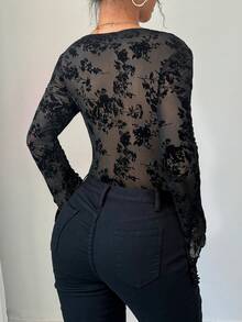 Firerie 女士优雅春夏新款简约印花植绒连体衣，适合日常通勤、情人节等场合，性感迷人。 - 黑色 - 查看 5