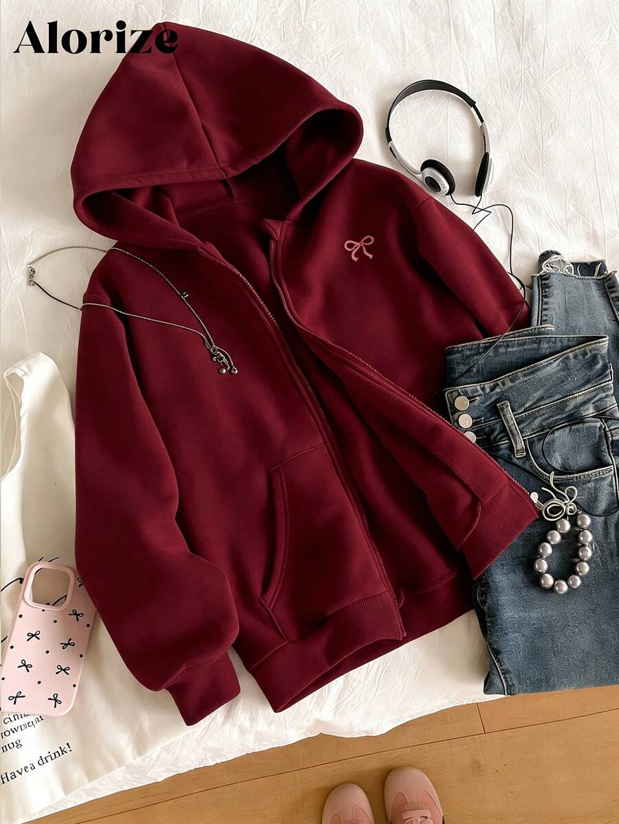 Tween Girl Casual Versatile Hooded Zip-Up Sweatshirt, With Pink Bow Embroidery On Front, Two Pockets On Sides, Suitable For School, Commuting, Walking, Matching With Sweatpants, Long Sleeves, Sweaters Zipper Maroon Hoodie Red - Burgundy - View 1