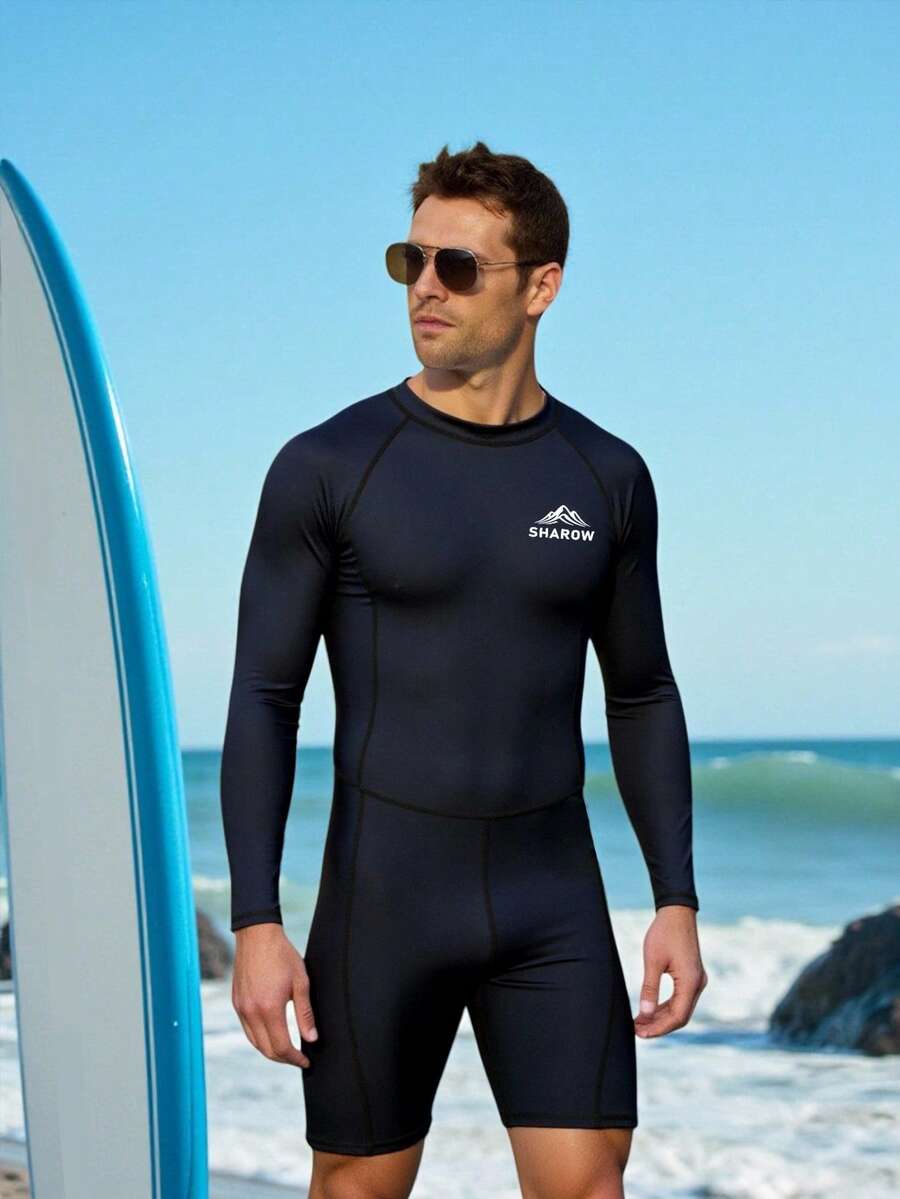 Manfinity Swimmode 男士沙滩度假休闲印花连体泳衣 - 黑色 - 查看 1