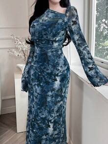 Feyla 女士碎花印花不对称领口荷叶边优雅连衣裙长款晚礼服 - 藏蓝色 - 查看 5