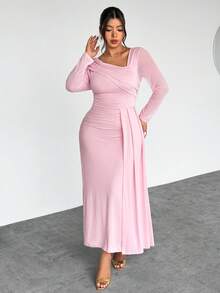 Firerie Đầm nữ cỡ lớn dáng suông, vạt bất đối xứng, xếp ly vai, kiểu dáng thanh lịch, tay dài, ôm xòe, phù hợp cho mùa xuân, hè, thu và đông. - Hồng - Xem 3