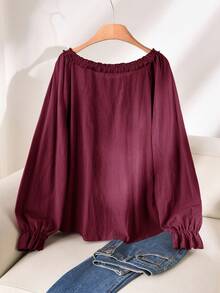 CosyJoli Plus Size Women Frill Trim Round Neck Long Sleeve Casual Brown Shirt, Versatile For Daily Wear Burgundy Spring - Burgundy - View 2