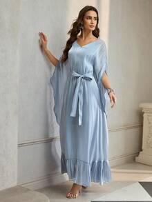 ZEYLAH Women's Loose Fit Asymmetrical Hem Robe/Robe, Bat Wing Sleeve, Faux Silk, Spring/Summer - Dusty Blue - View 7