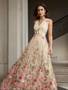 ZEYLAH Women's Fashion Rose Embroidered Dress - Apricot - View 4