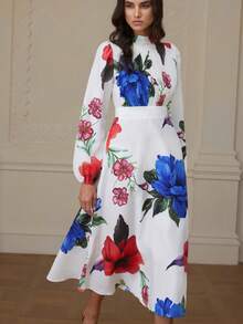 EMERY ROSE Elegant Floral Print High Neck Ruched Front Long Sleeve Midi Dress, Autumn/Winter - White - View 4