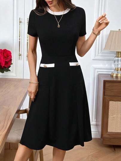 EMERY ROSE 女士黑色蕾丝拼接优雅派对中长连衣裙 女士优雅连衣裙 新年连衣裙 派对连衣裙 黑色连衣裙 黑色优雅连衣裙 女士黑色职业连衣裙 女士职业连衣裙 休闲黑色连衣裙 黑色优雅连衣裙