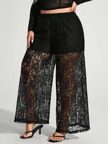 Truni Ropa de otoño para mujer, pantalones anchos de encaje transparente elegantes y sexys de talla grande para invierno - Negro - Ver 3