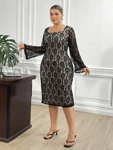 Truni Fall Clothes For Women,WinterPlus Size Round Neck Raglan Flare Sleeve Fitted Lace Dress/Autumn /Winter - Black - View 4