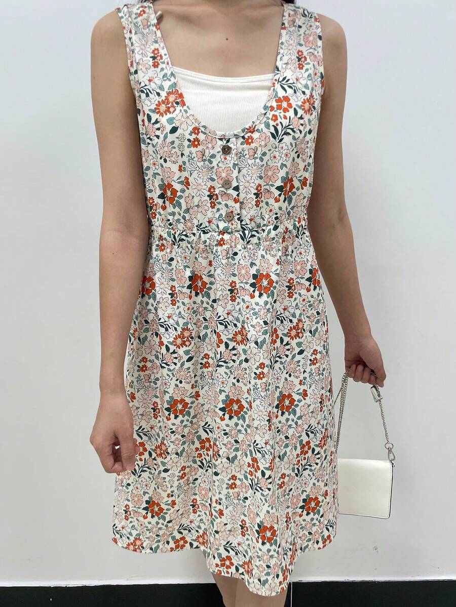 Women's Floral Print V-Neck Summer Casual Sleeveless Dress - Multicolor - View 1