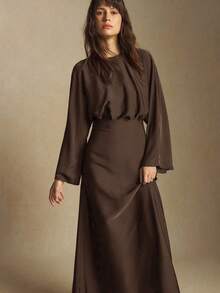 BizChic New Coffee Brown Round Neck Raglan Sleeve Elegant Dress For Women, Spring/Summer - Brown - View 7