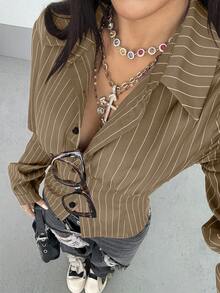 StreetHx 女士复古修身条纹衬衫 - 棕色 - 查看 3