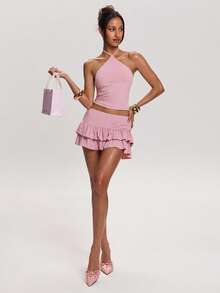 SHEIN BAE 女士纯色露脐吊带背心和荷叶边迷你裙性感时尚套装 - 粉色 - 查看 5
