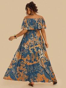 Travachic Plus Size Bohemian Paisley Print Off Shoulder Ruffle Hem Maxi Dress, Casual Holiday Style For Women, Autumn - Multicolor - View 2