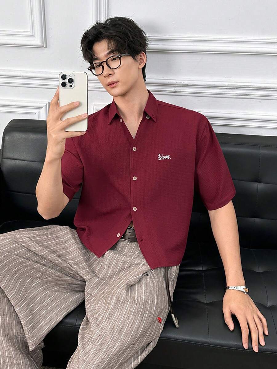 ESTAVOR 男士简约休闲红色短袖衬衫 - 酒紅色 - 查看 1