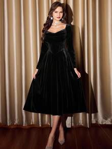 Vintamour 复古优雅女士丝绒连衣裙，带口袋，长袖，适合派对/节日/鸡尾酒会，秋季女装，万圣节服装，冬季服装，圣诞节冬季连衣裙，秋季女装，万圣节服装，圣诞节服装，圣诞派对连衣裙，新年连衣裙，感恩节服装，优雅派对连衣裙 - 黑色 - 查看 8