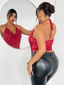 Firerie 大码春夏新款情侣拥抱优雅浪漫时尚百搭性感派对度假约会网纱水钻装饰弹力吊带背心女款 - 酒紅色 - 查看 4